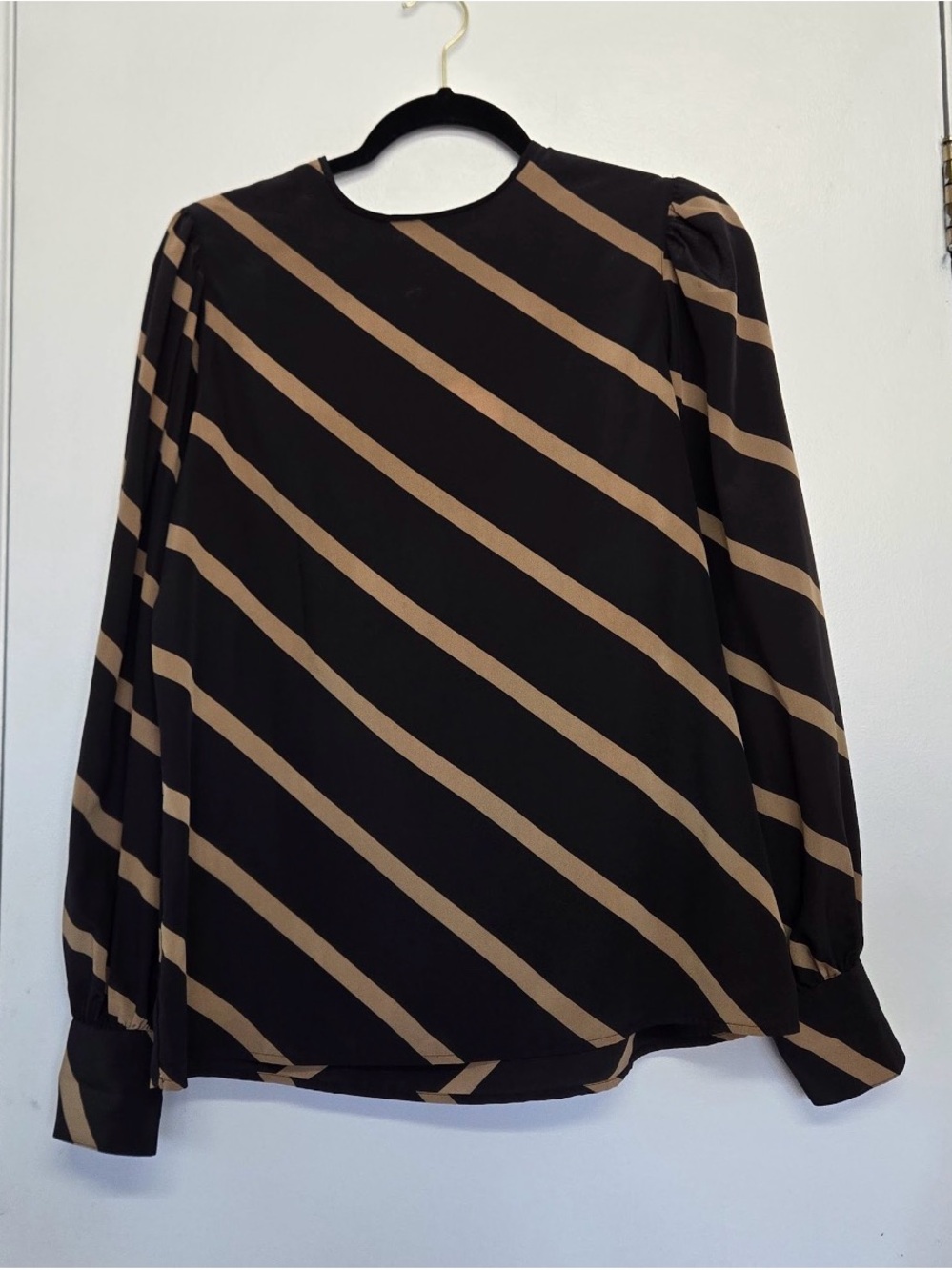 Regina Porter Black Long-Sleeve Blouse with Tan Diagonal Stripes